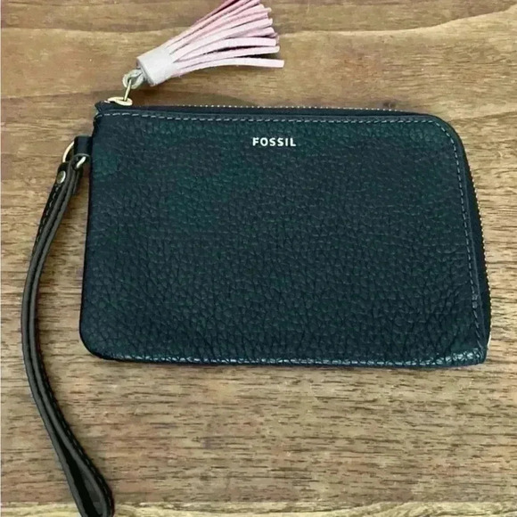 FOSSIL womens Tara Leather Wristlet Clutch Handbag Black Pink Tassle gently used - Picture 9 of 9